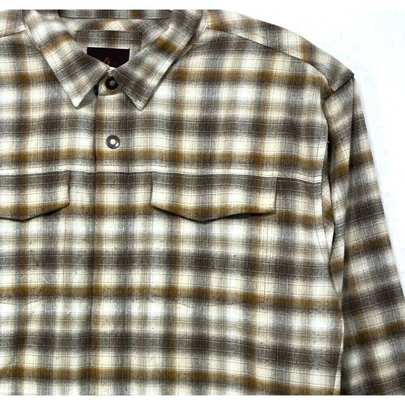 Prana Shirt Men M Cream Tan Grey Plaid Flannel Outdoor Hiking Zipped Pockets - Picture 10 of 10